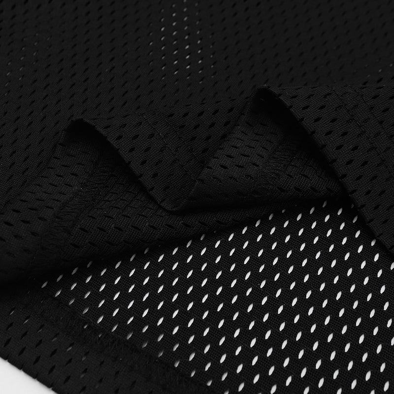 Black mesh oversized football jersey tee fabric with breathable perforated texture and draped folds