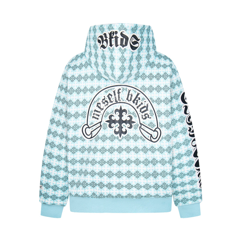 Light blue hoodie with large back cross graphic and hood view