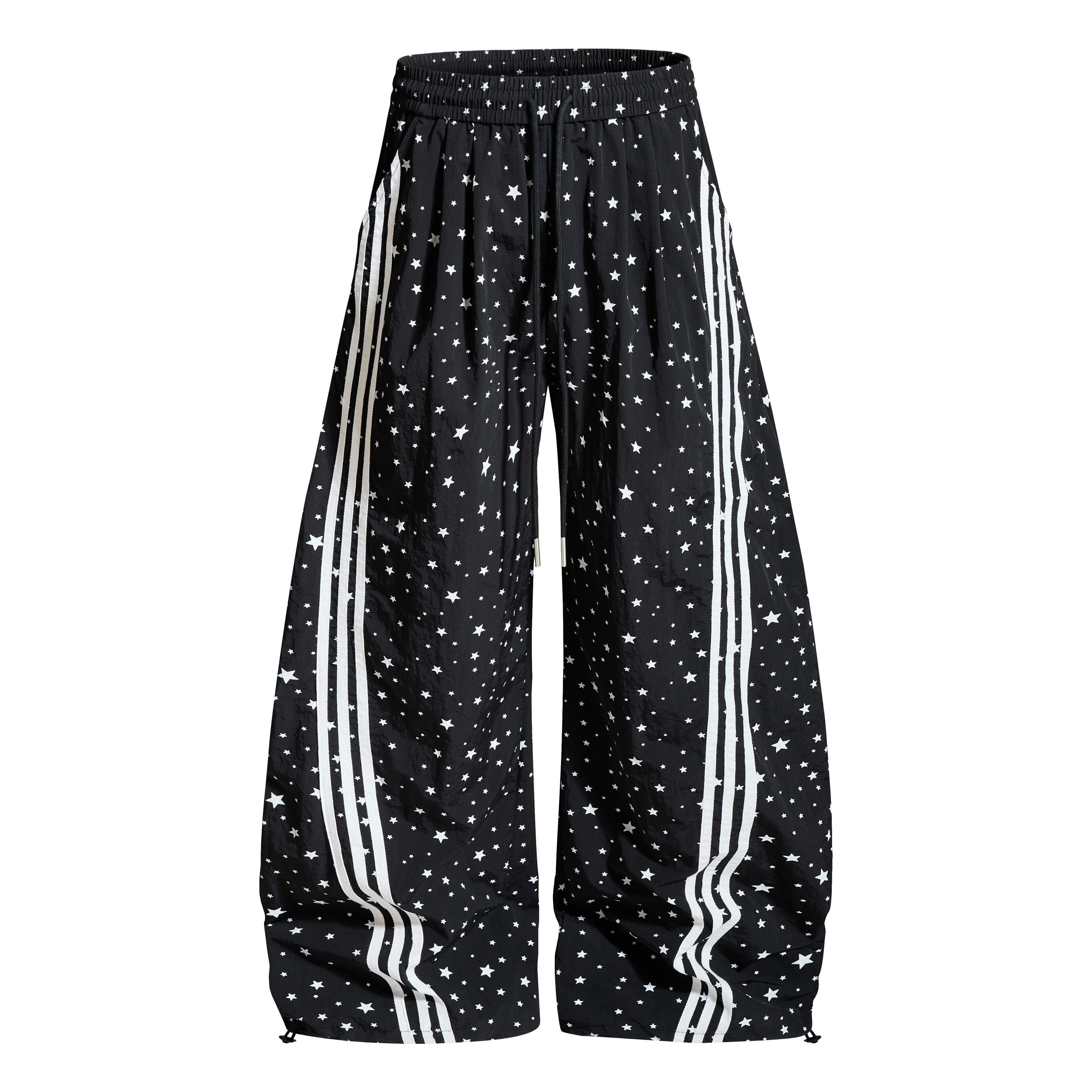 Star Print Wide-Leg Track Pants with Side Stripes | Streetwear