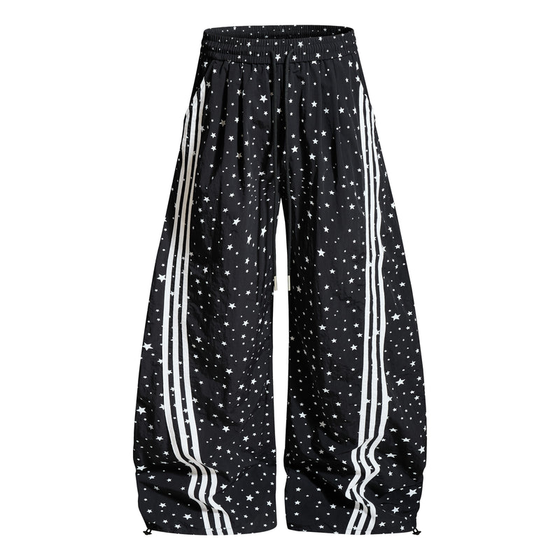 Star Print Wide-Leg Track Pants with Side Stripes | Streetwear