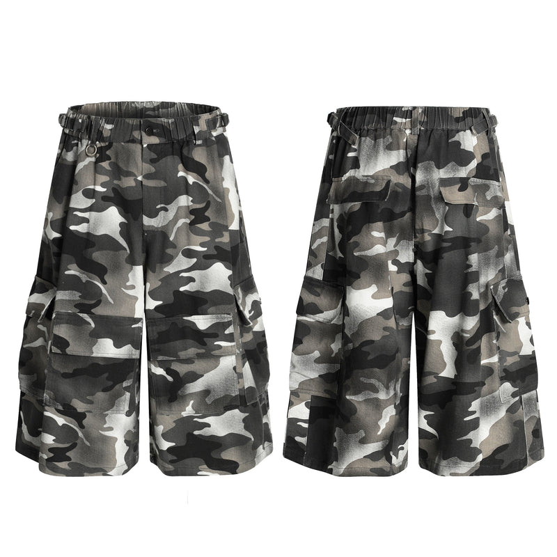 Front and back views of gray camouflage cargo shorts with elastic waistband