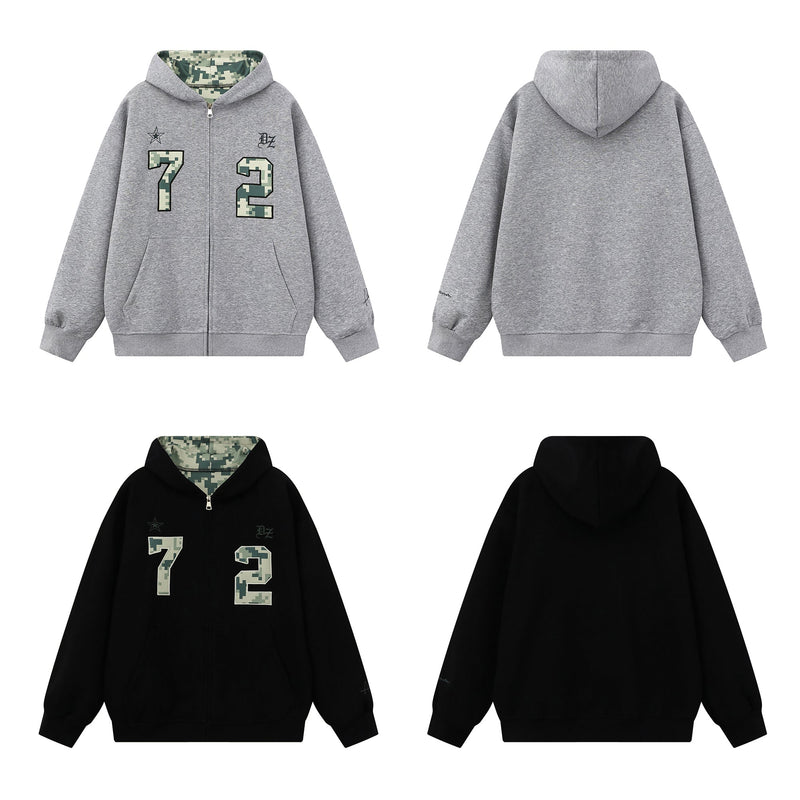 Front and back views of gray camo zip-up hoodie