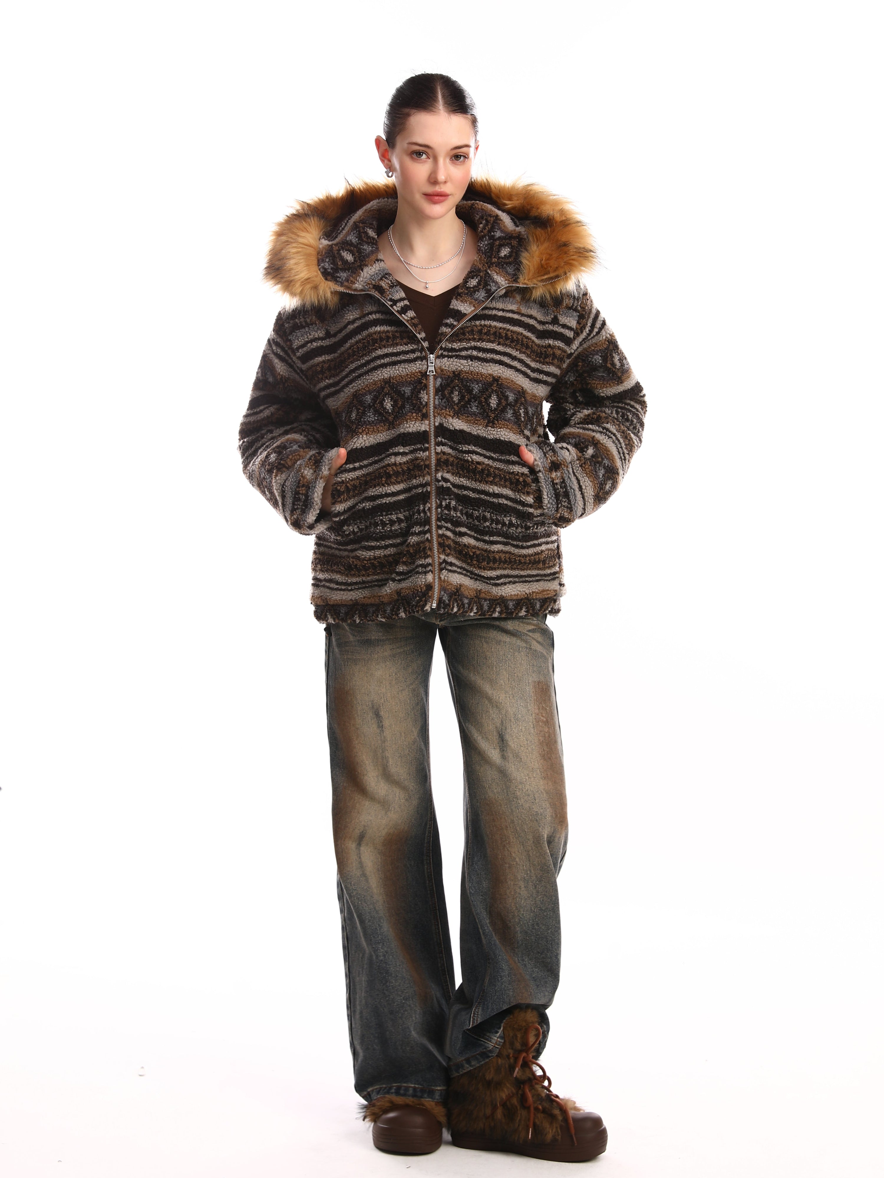 Nordic Faux Fur-Trim Hooded Zip Jacket | Ethnic Pattern