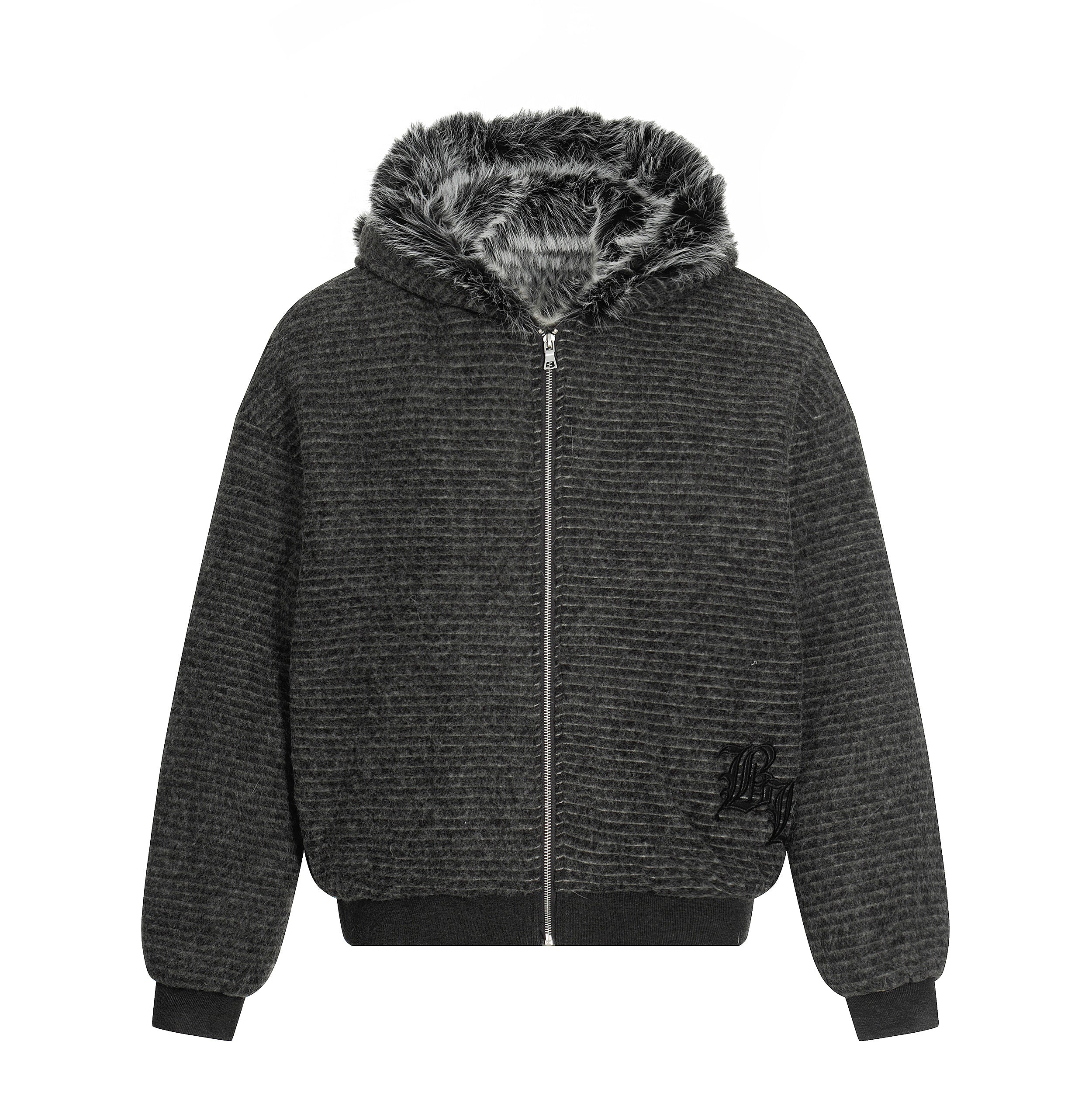 Faux-Fur Lined Striped Zip-Up Hoodie Jacket | SEAKOFF