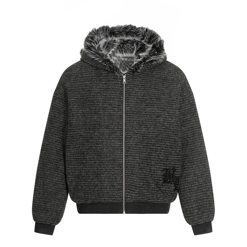 Faux-Fur Lined Striped Zip-Up Hoodie Jacket | SEAKOFF