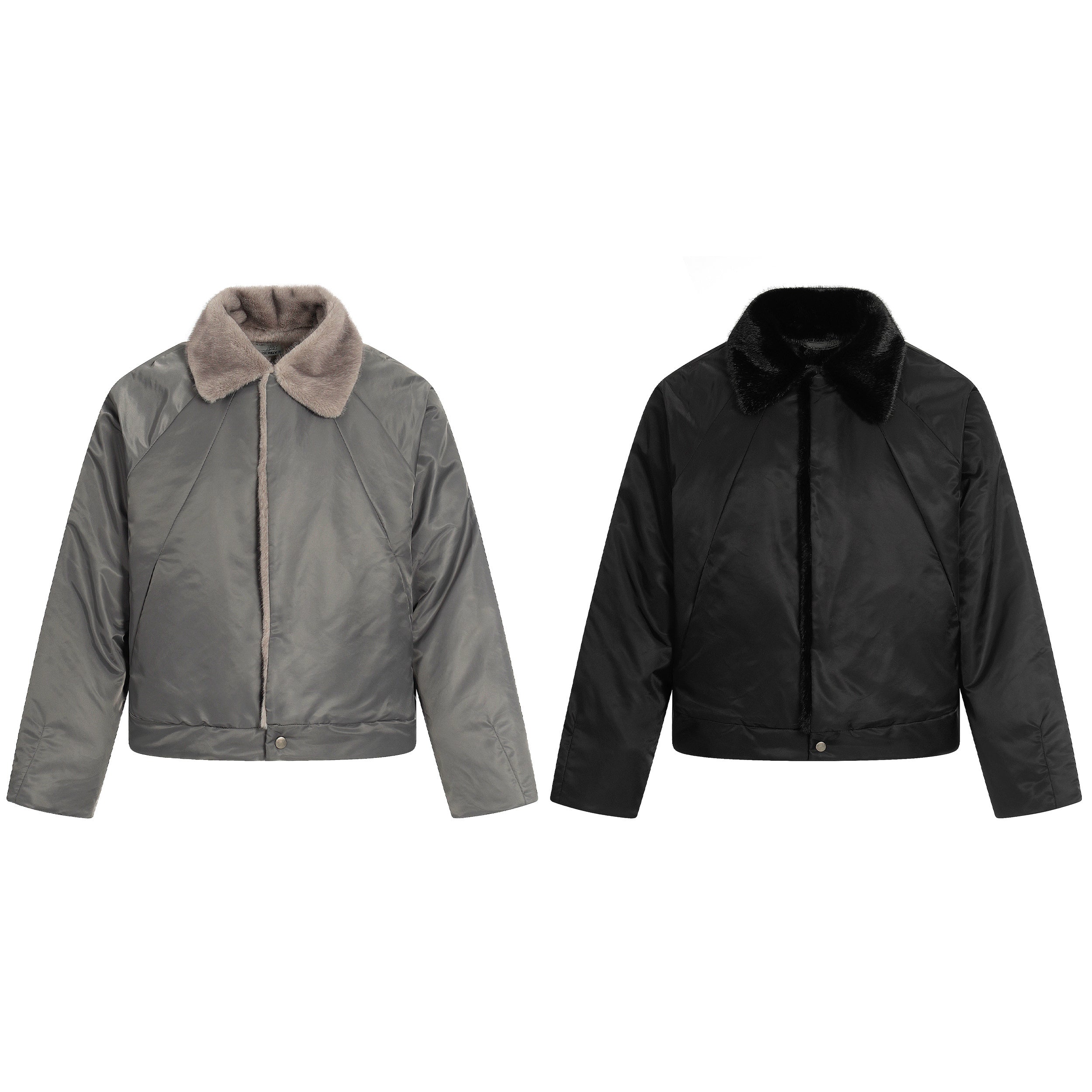 Smoke gray cropped nylon jacket with plush faux fur collar and diagonal chest seam detailing, displayed flat on white backgro