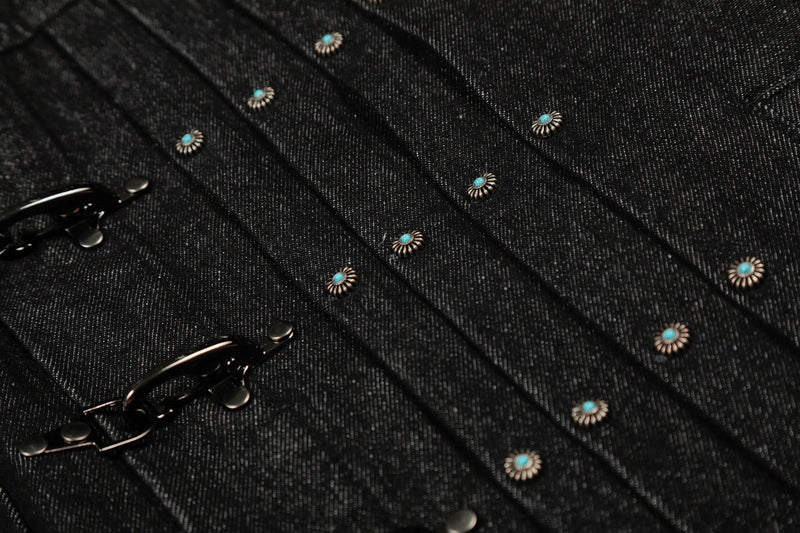 Metal Buckle Pleated Black Denim Jacket | Cropped Boxy Fit