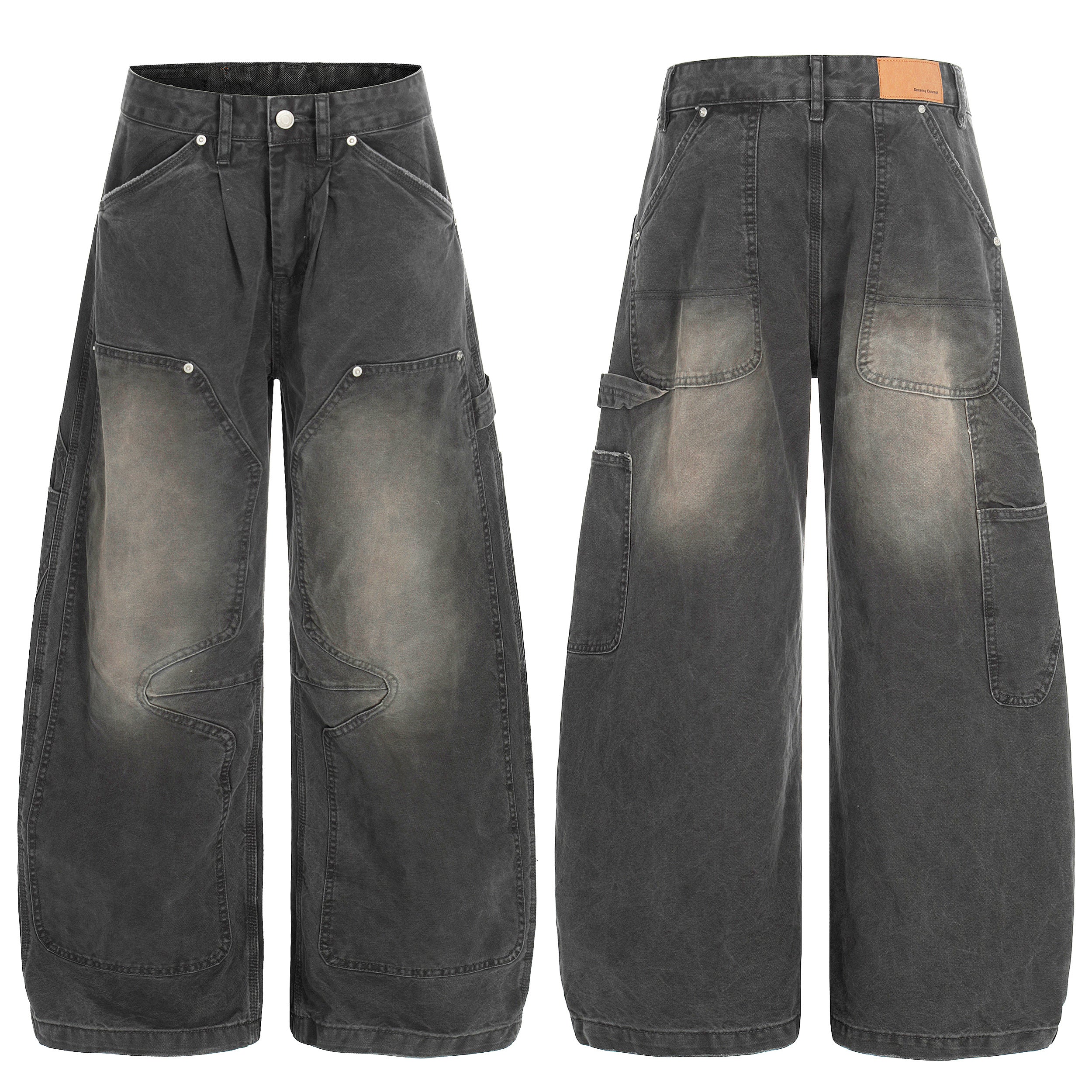 Front and back view of oversized washed charcoal grey wide-leg utility denim pants with cargo pockets and panel stitching
