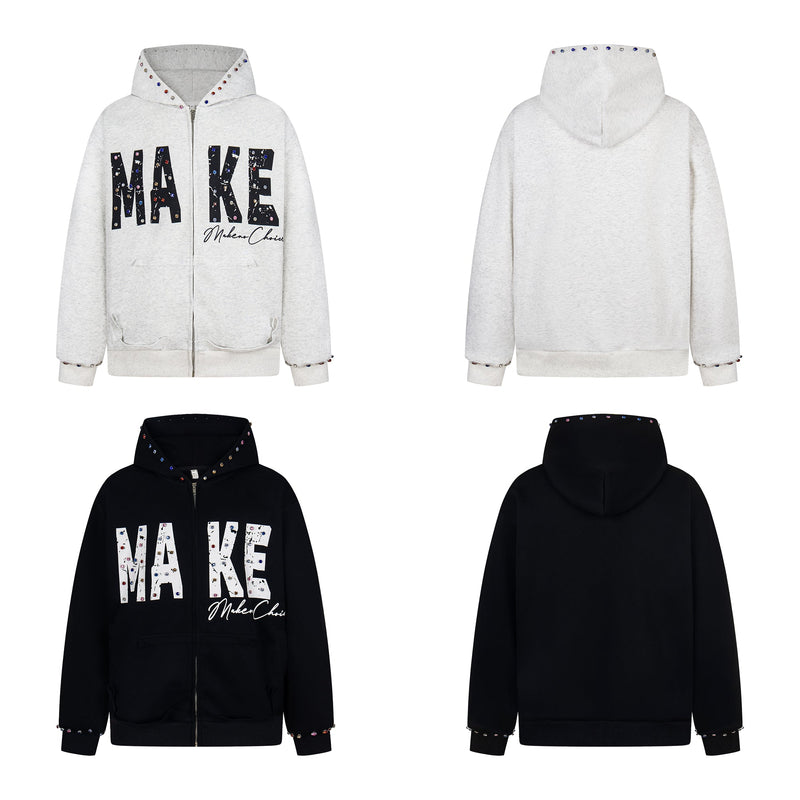 Front and back views of a light gray and black studded zip hoodie with MAKE graphic