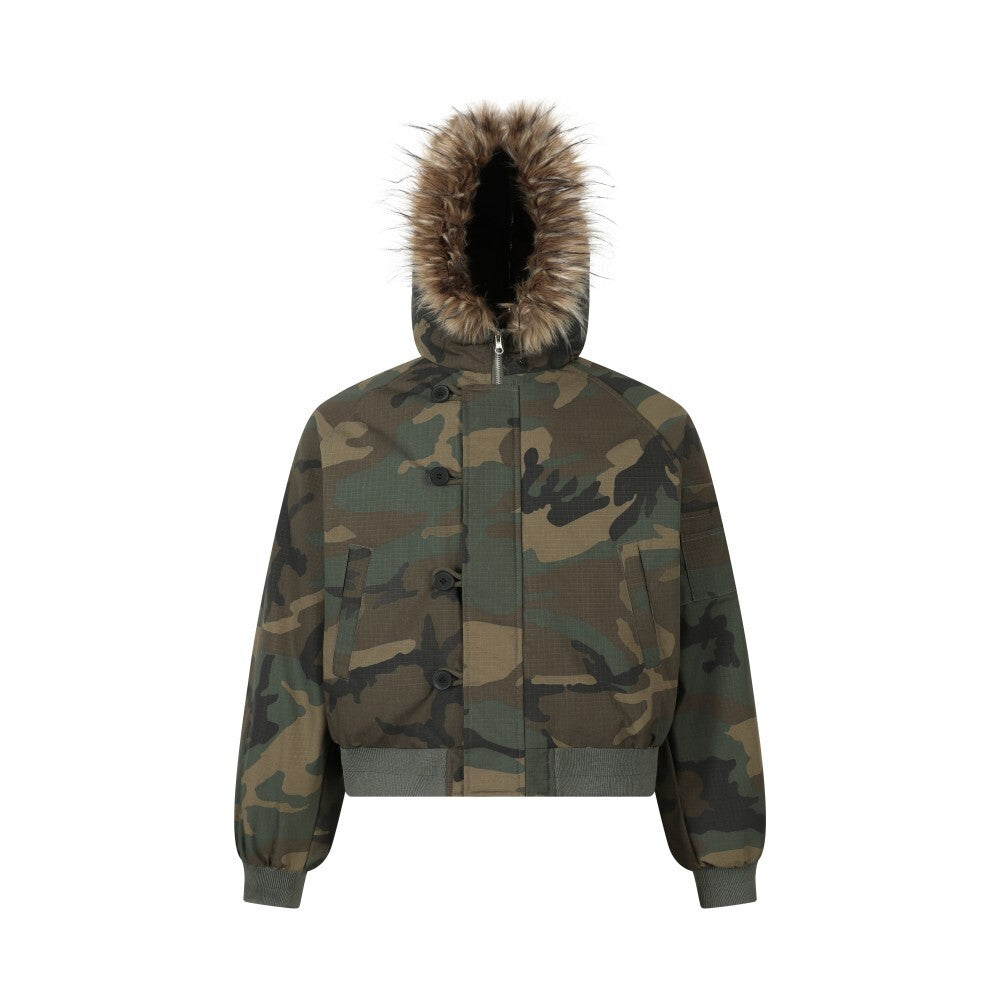 Camo Faux Fur Hood Cropped Bomber Jacket | Omirad
