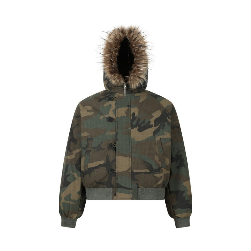 Camo Faux Fur Hood Cropped Bomber Jacket | Omirad