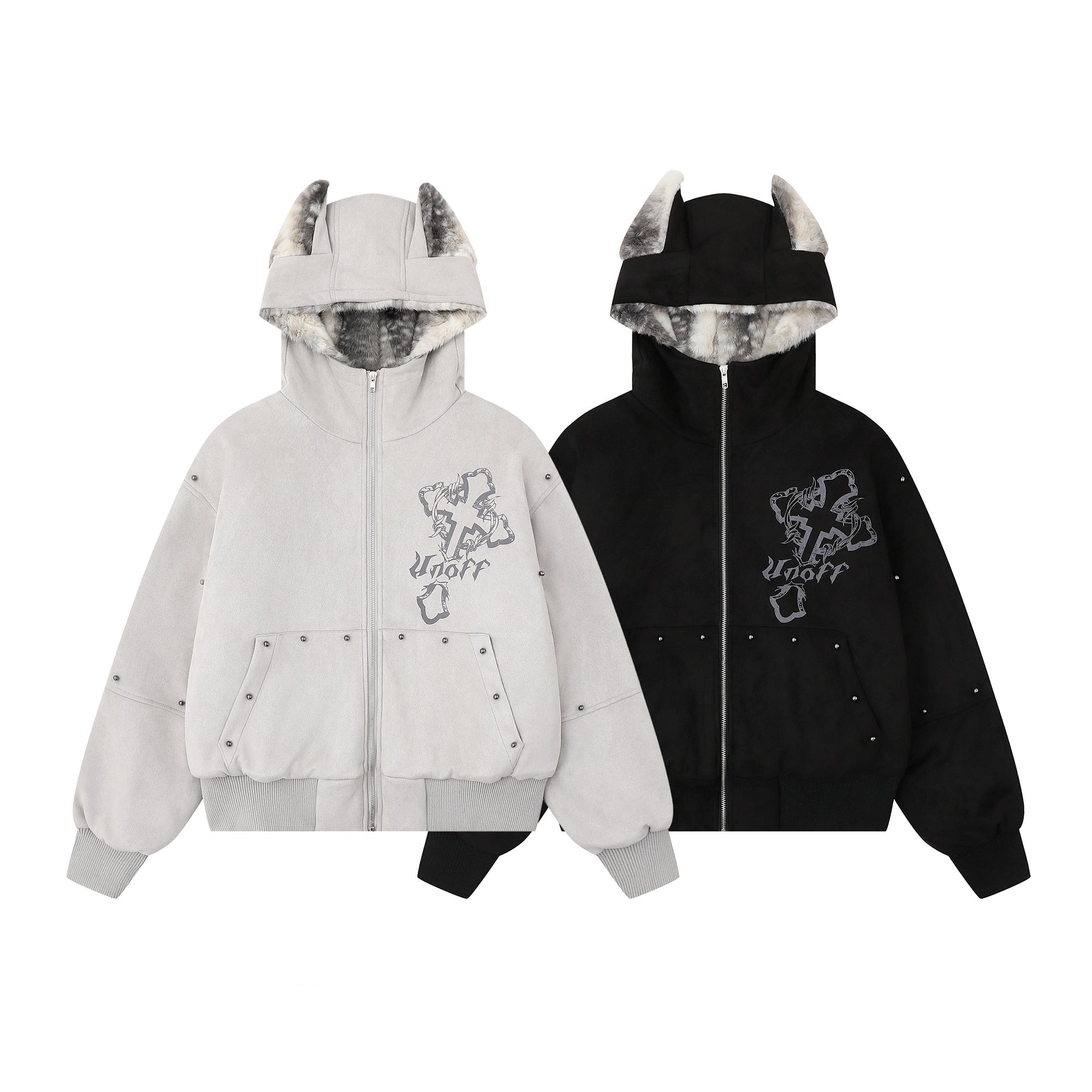 Light grey furry-ear zip hoodie jacket with cracked cross graphic print and metal rivet details on white background