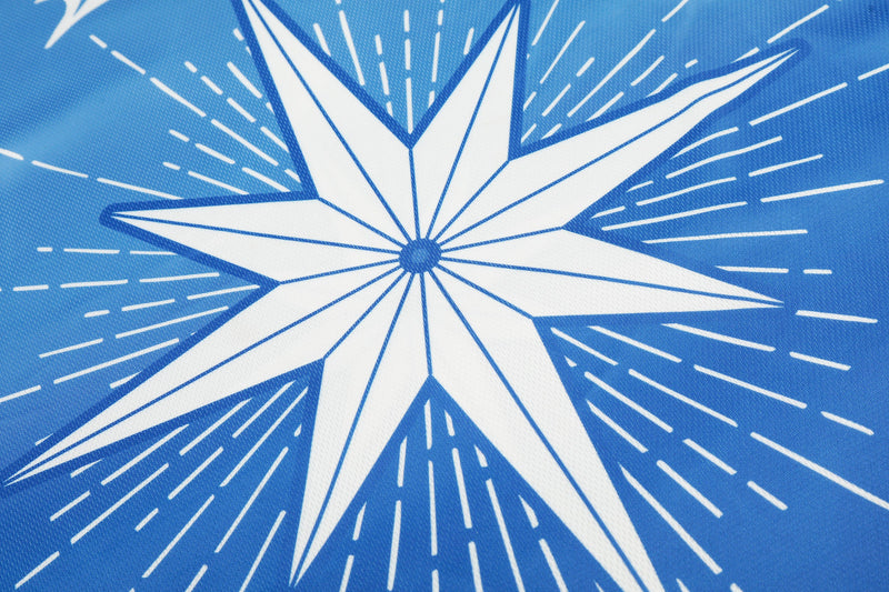 Blue mesh football jersey with a large white starburst graphic and radiating streaks on the fabric