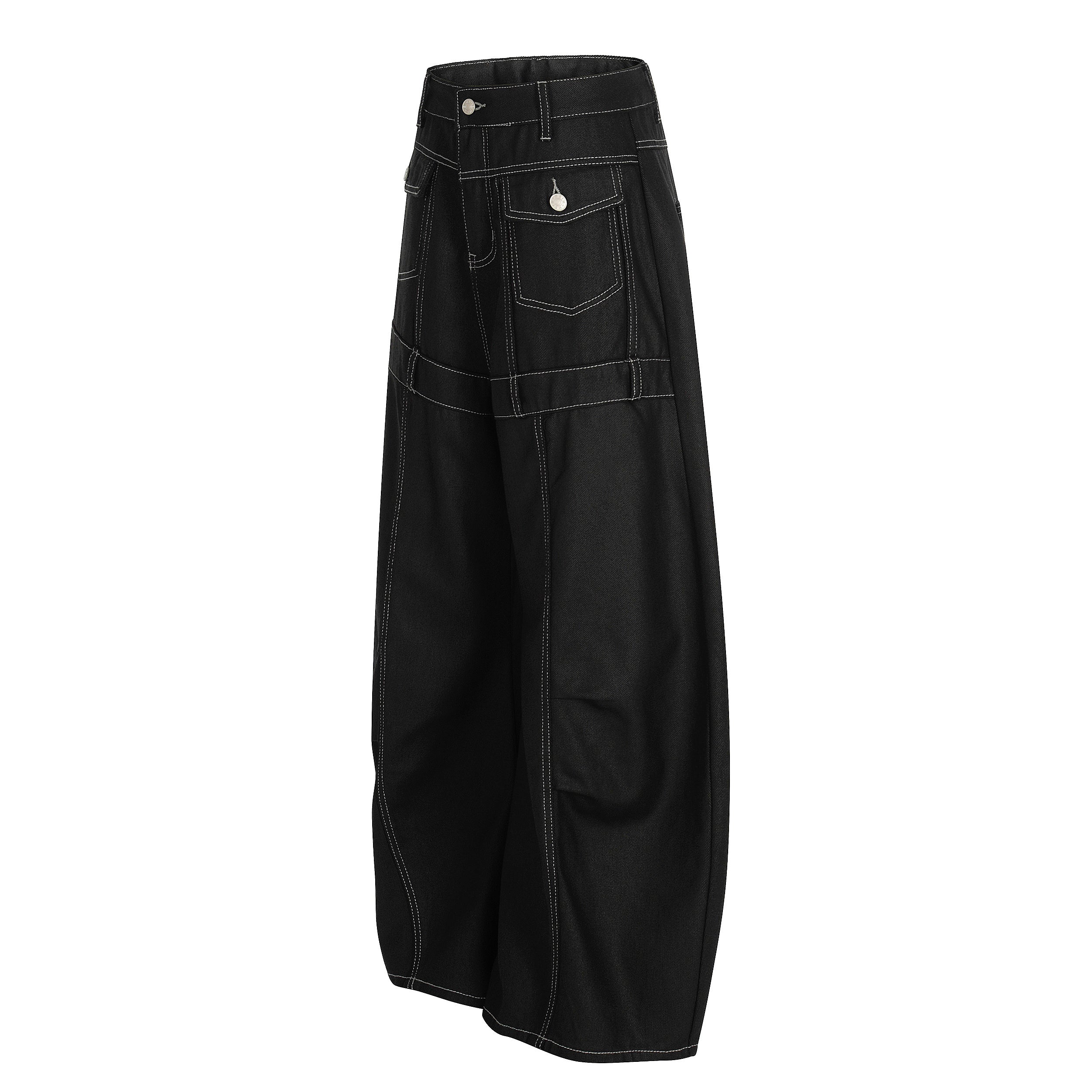 Omirad Contrast Stitch Wide Barrel-Leg Denim Pants