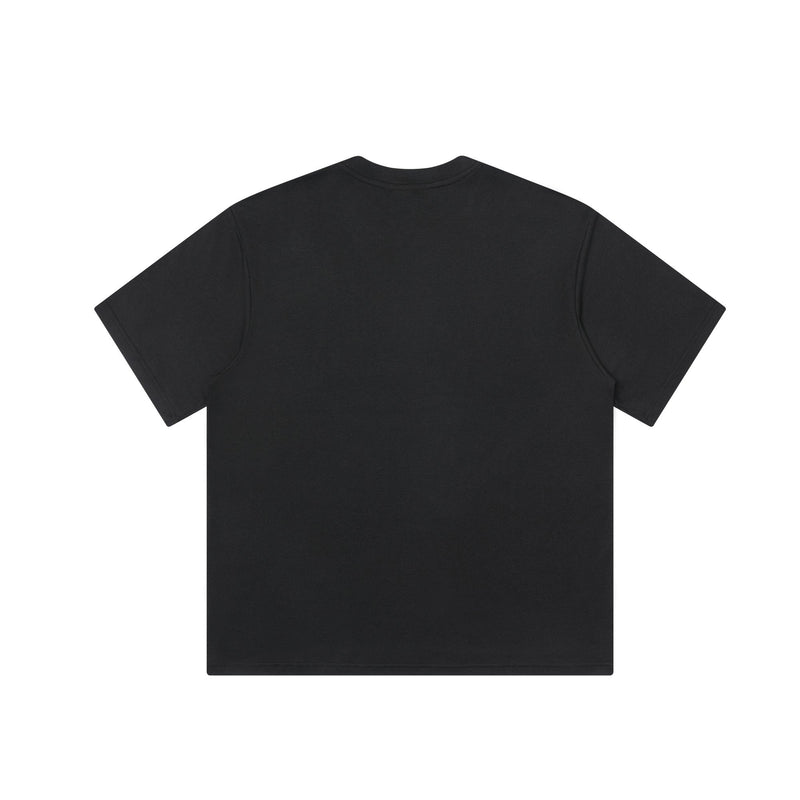 Black vintage streetwear graphic tee shown from the back on a plain white background