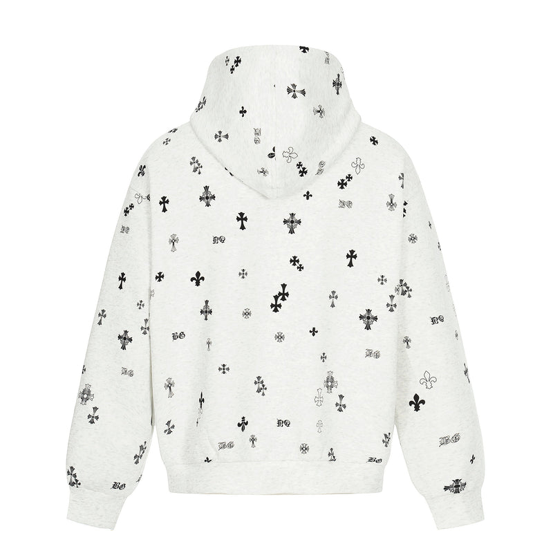 All-Over Gothic Cross Print Hooded Zip Jacket | Streetwear