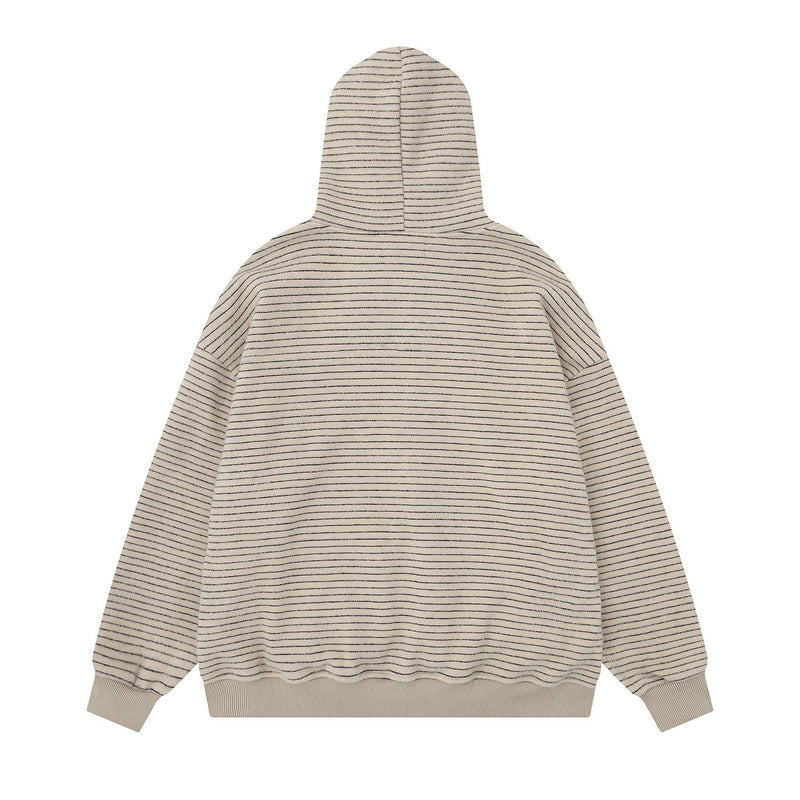 Back view of beige striped knit hoodie with hood up and ribbed hem