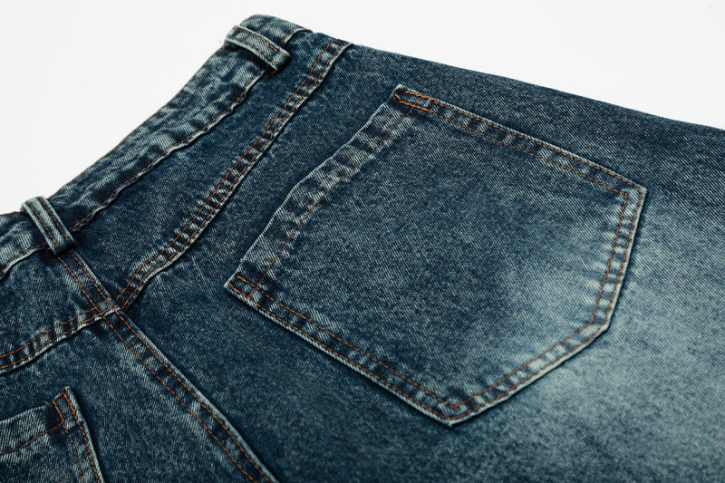 Pearl-Stud Barrel Jeans | Vintage Wash Wide-Leg Denim