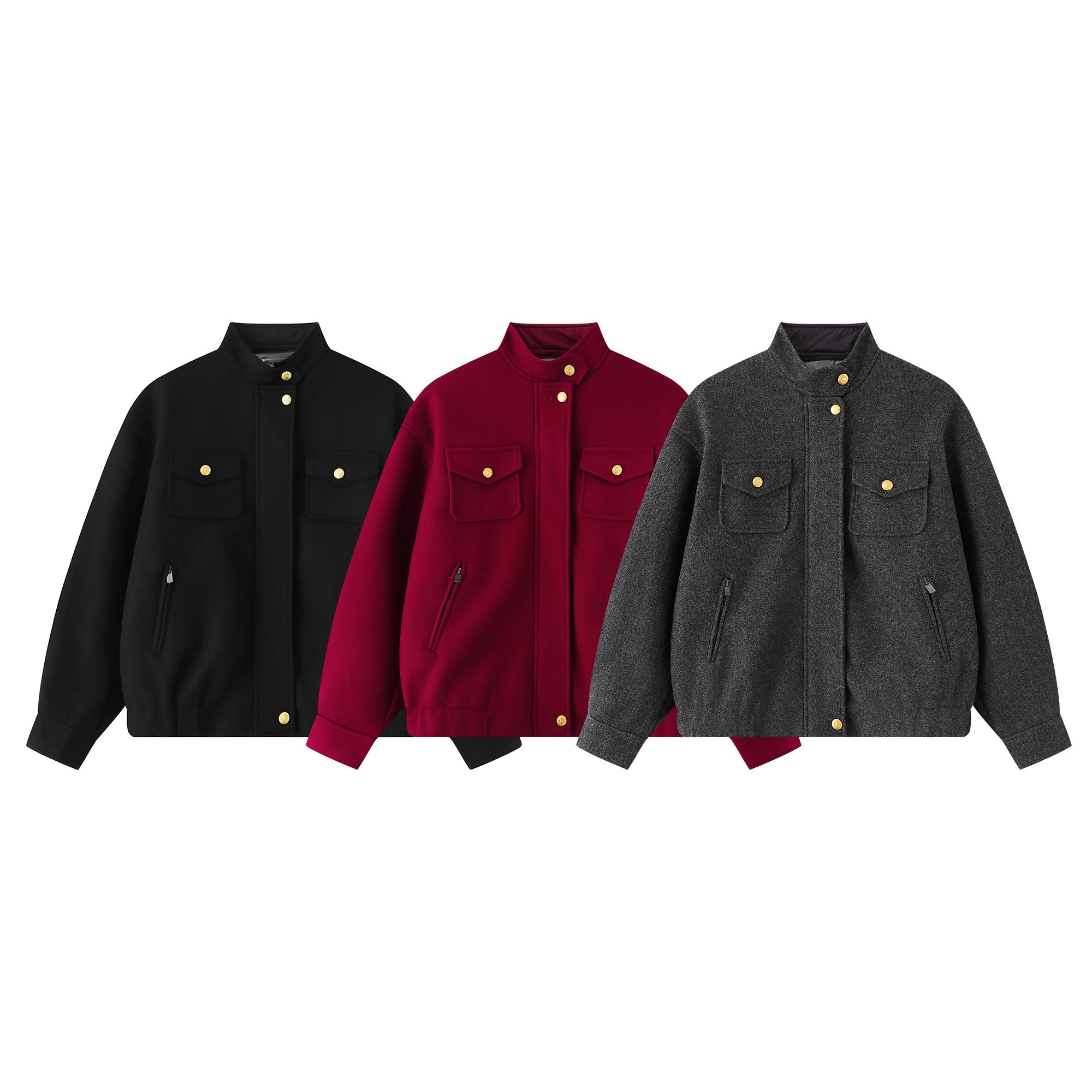 Omirad utility bomber jacket in black with gold-tone snap buttons, dual chest flap pockets, stand collar, and ribbed cuffs