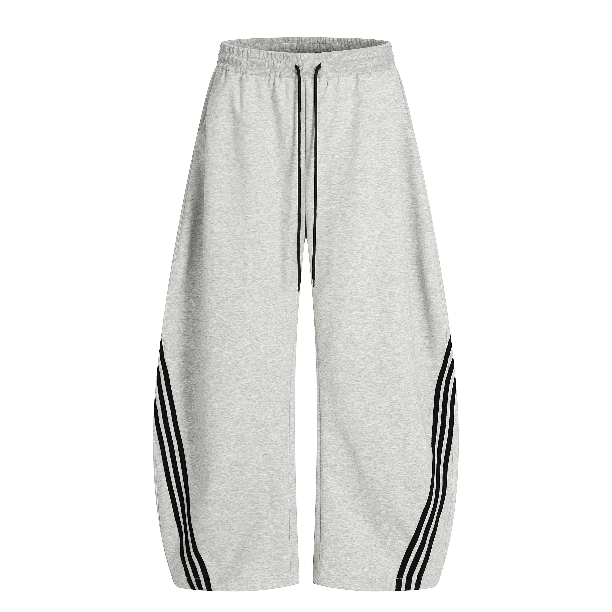 Front view of grey wide-leg sweatpants with curved black side stripes and drawstring waistband