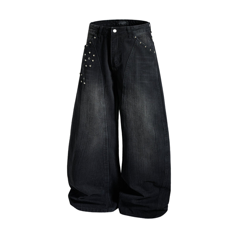 Black wide-leg denim jeans with studded side panels and full front view