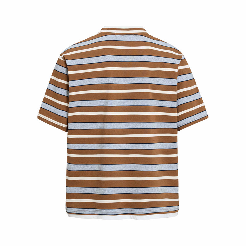 Back view of a brown, blue, and white striped varsity tee with a relaxed Y2K streetwear look