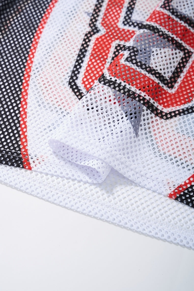 Close-up of a white mesh football jersey with red and black graphic detailing and number 89 print