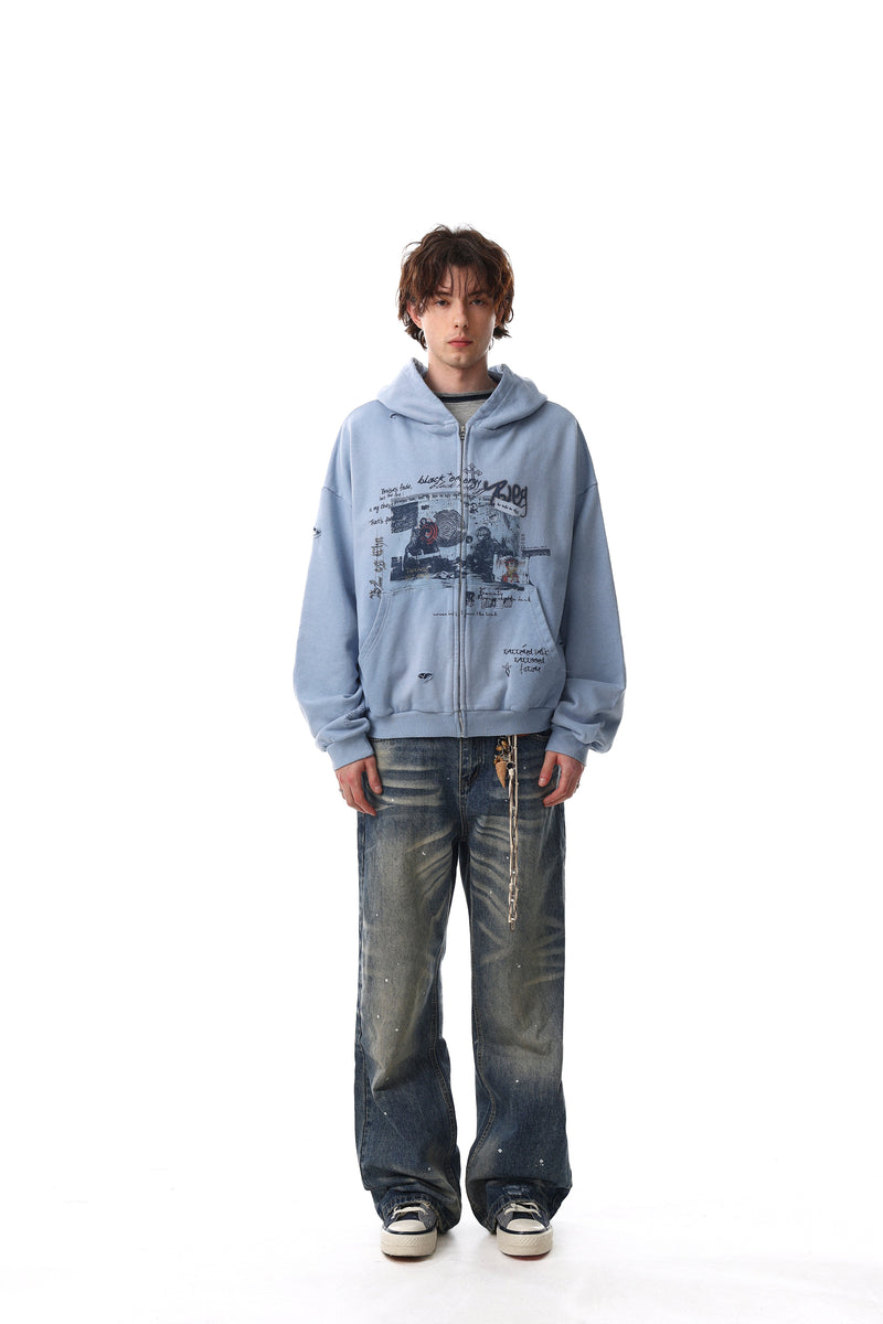 Light blue zip-up hoodie on model, full-length front view
