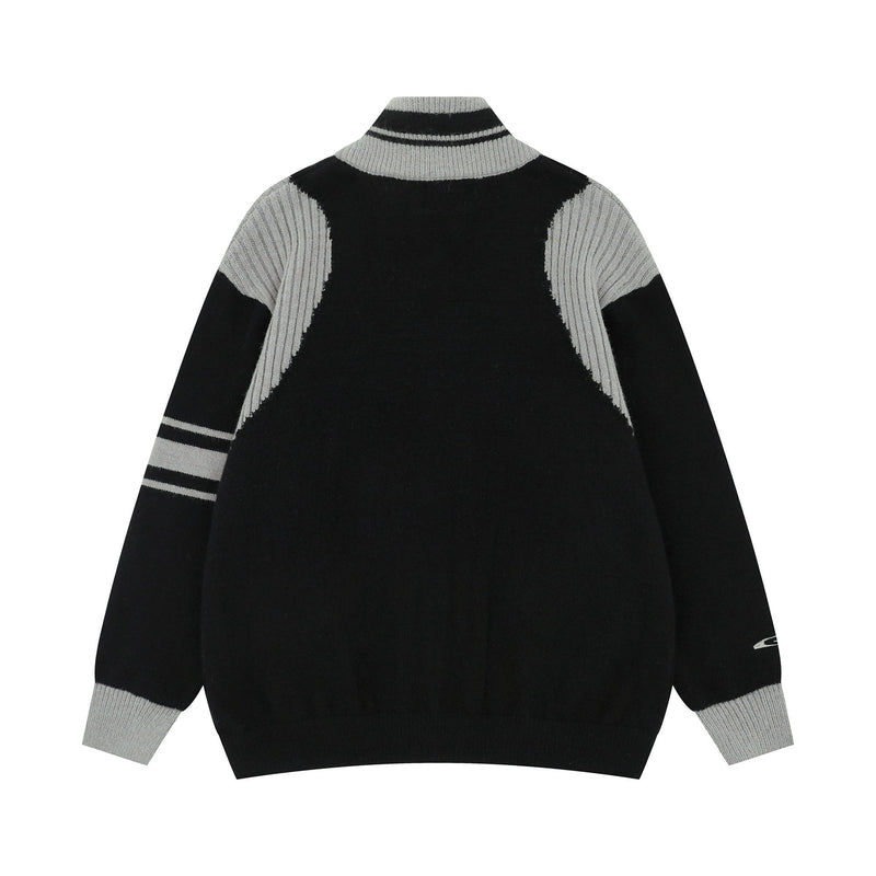 Black and gray varsity knit zip jacket, back view with striped collar and sleeves