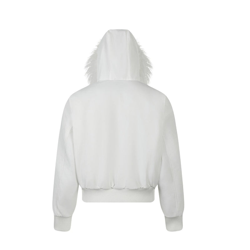 Faux Fur Hooded Bomber Jacket with Badge Patches | SEAKOFF
