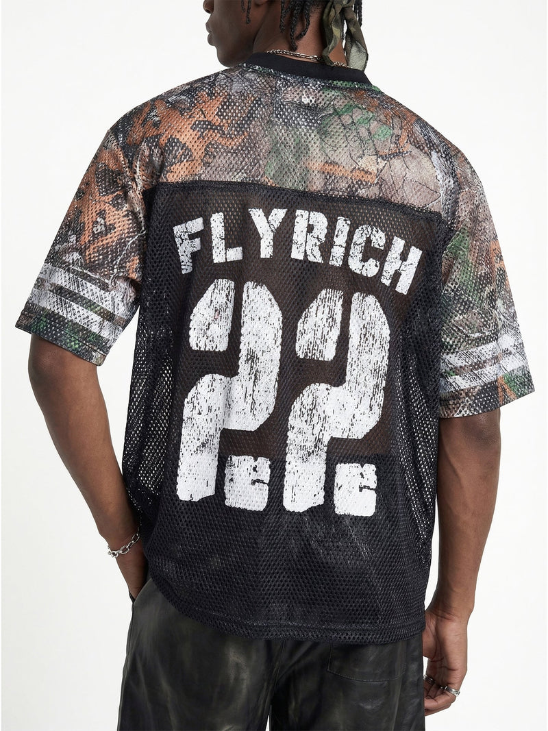 Back view of a camo mesh jersey shirt with bold Fly Rich 22 graphic and streetwear styling