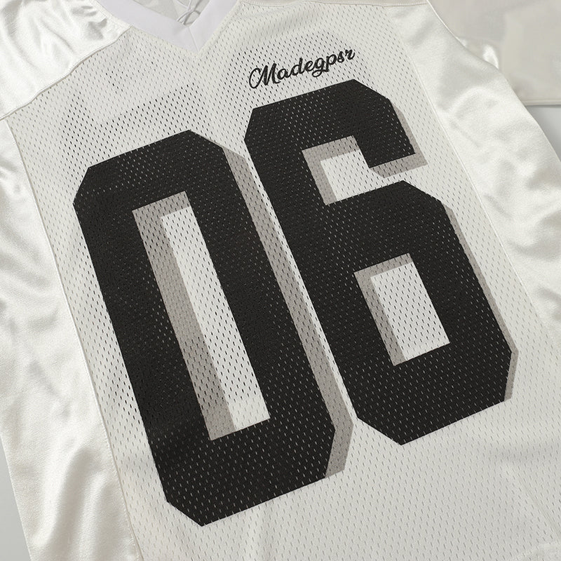 White mesh panel football jersey tee with black number 06 and Madegpsr logo on the chest