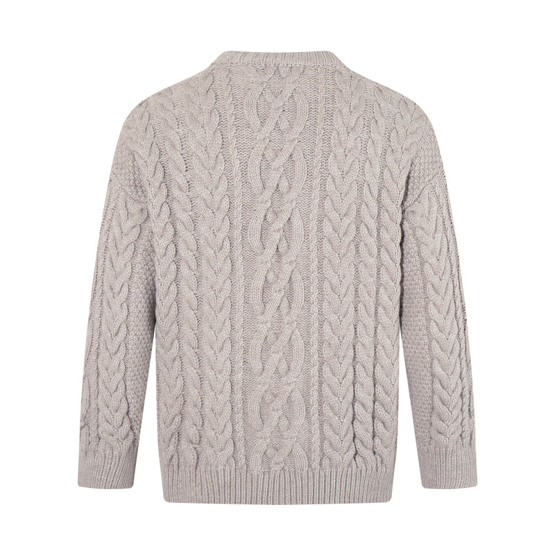 Beige cable knit sweater back view with allover braided texture and ribbed hem