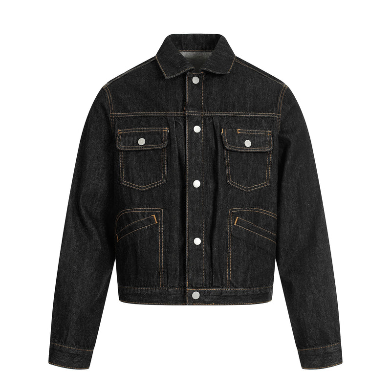 Omirad Raw Black Cropped Denim Jacket | Contrast Stitch