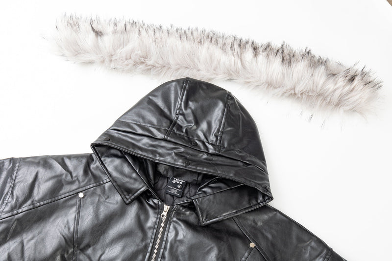 Faux Leather Fur-Trimmed Hooded Bomber Jacket | Omirad