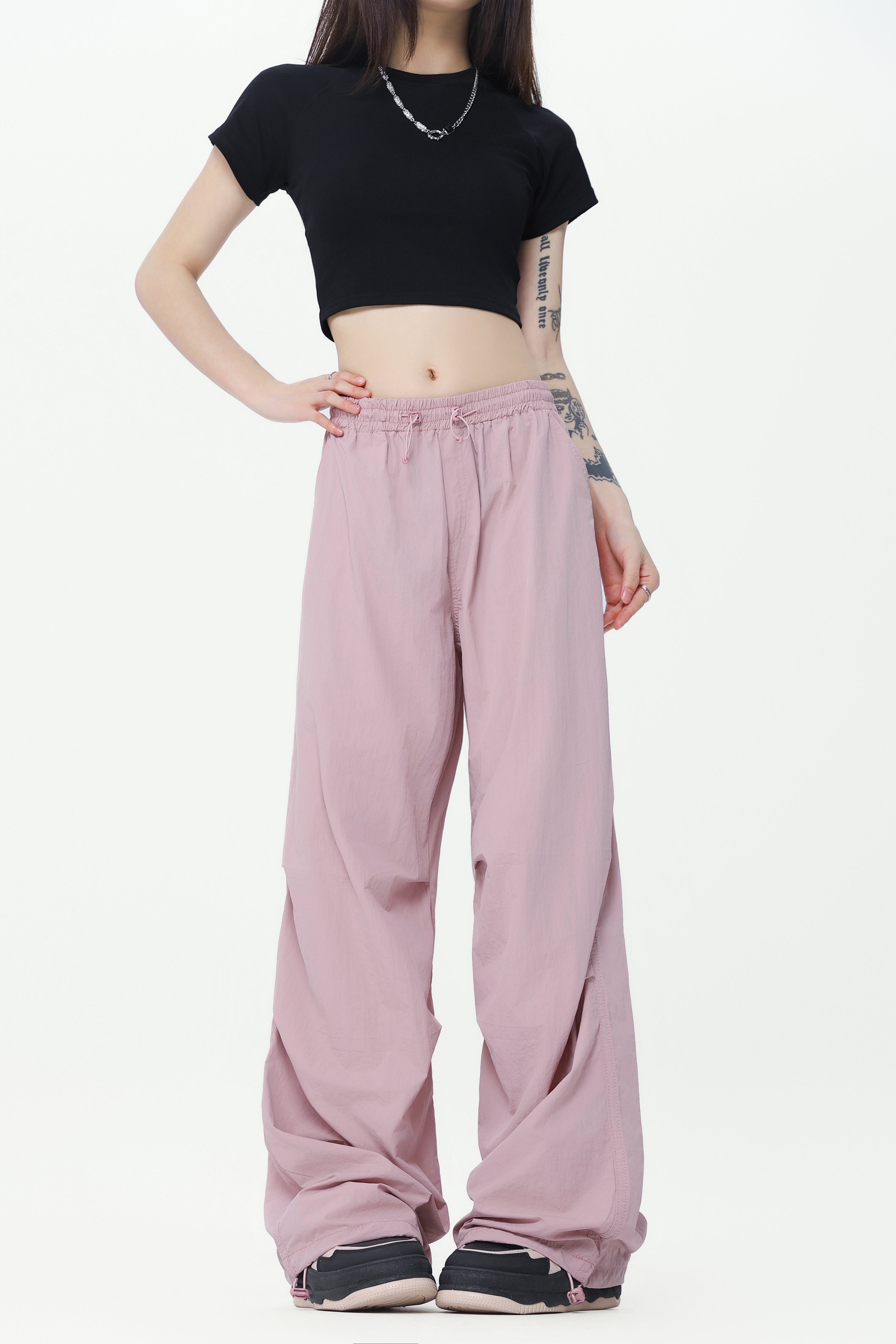 Lightweight Nylon Drawstring Parachute Pants | Wide Leg