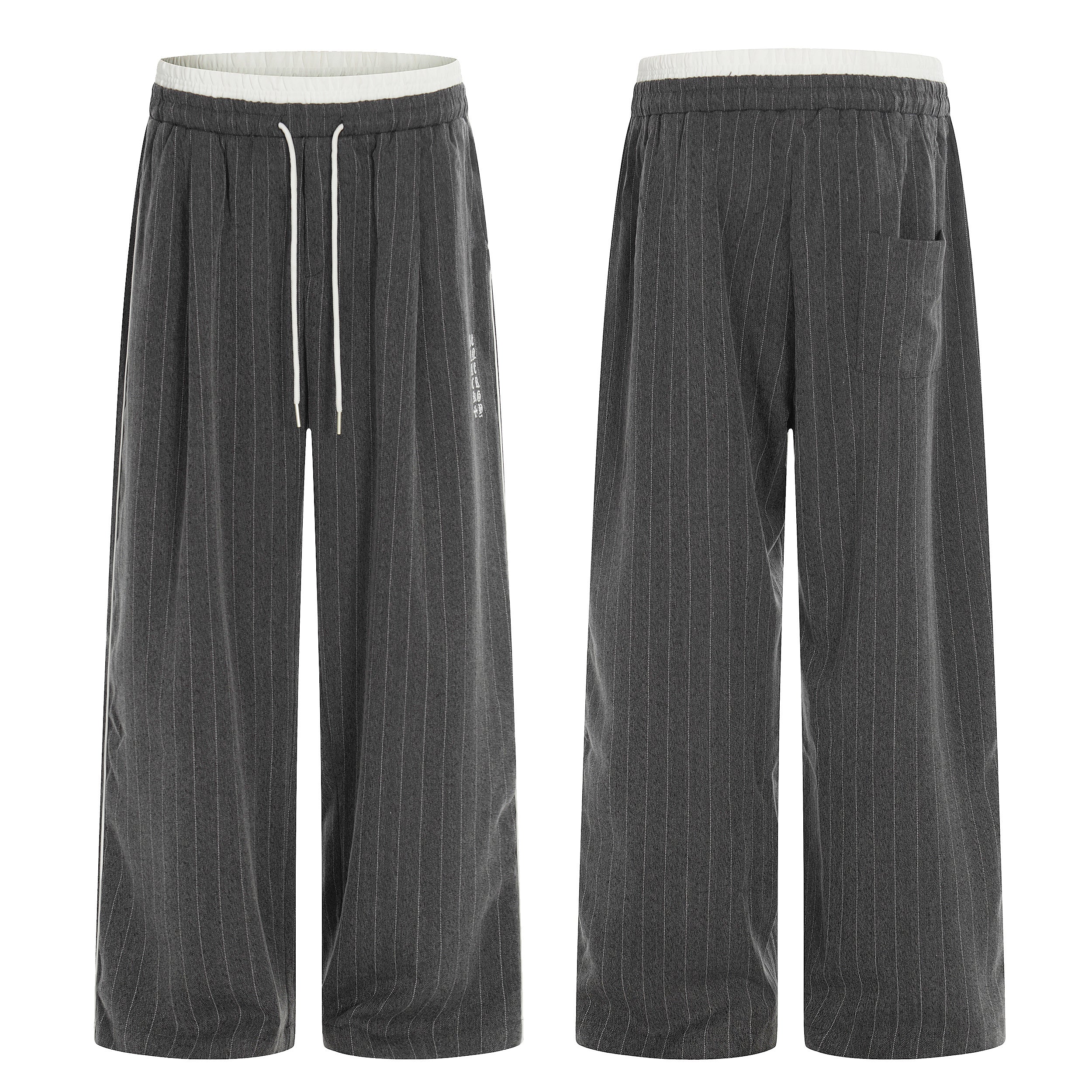 Charcoal grey pinstripe wide-leg track pants with white contrast waistband and drawstring, front and back view