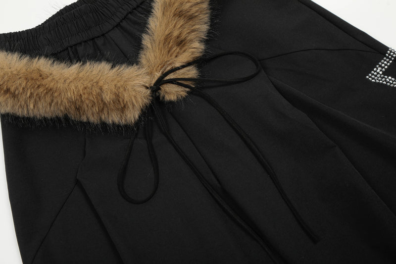 Rhinestone Cross Faux-Fur Wide-Leg Pants | Streetwear