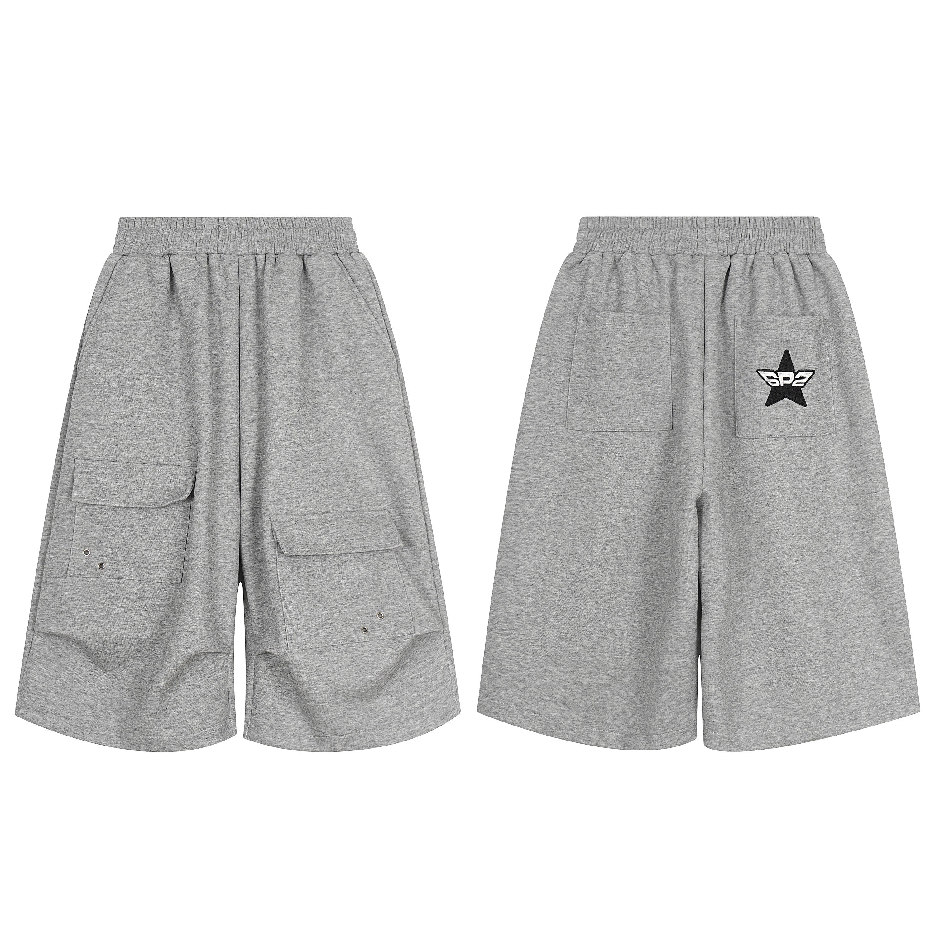 Front and back view of grey wide-fit cargo sweat shorts with flap pockets and star logo on back pocket