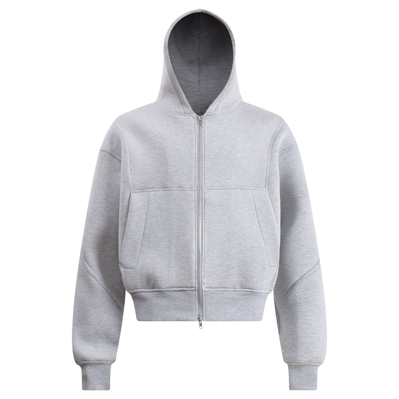 Light gray zip-up hoodie front view with hood up, ribbed cuffs and hem