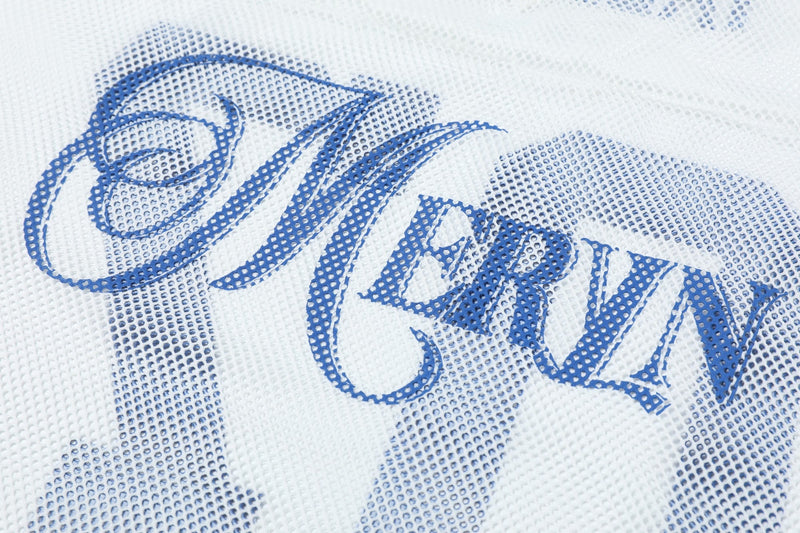 Close-up of white mesh varsity tee with oversized blue script graphic and perforated athletic texture