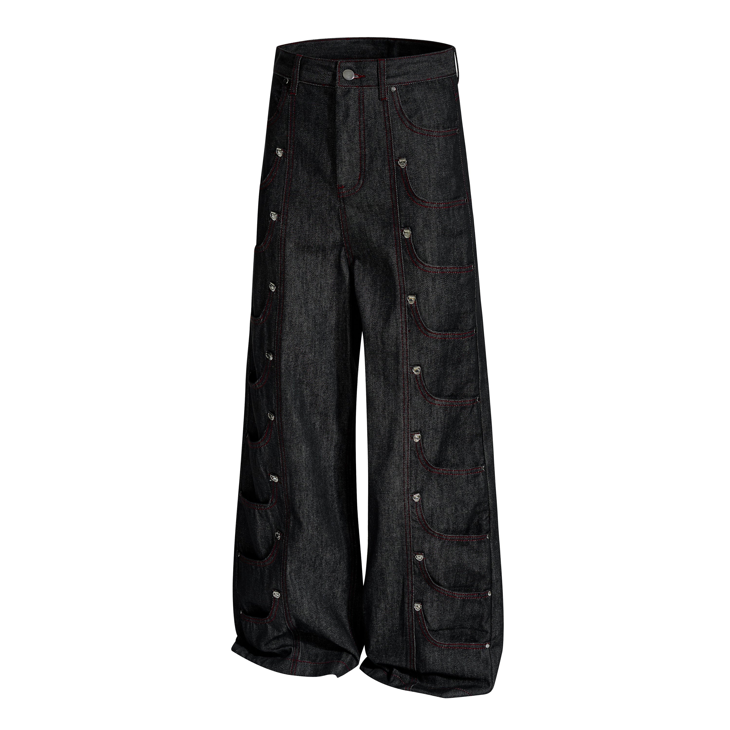 Omirad Multi-Pocket Wide-Leg Denim Pants | Red Contrast Stitch