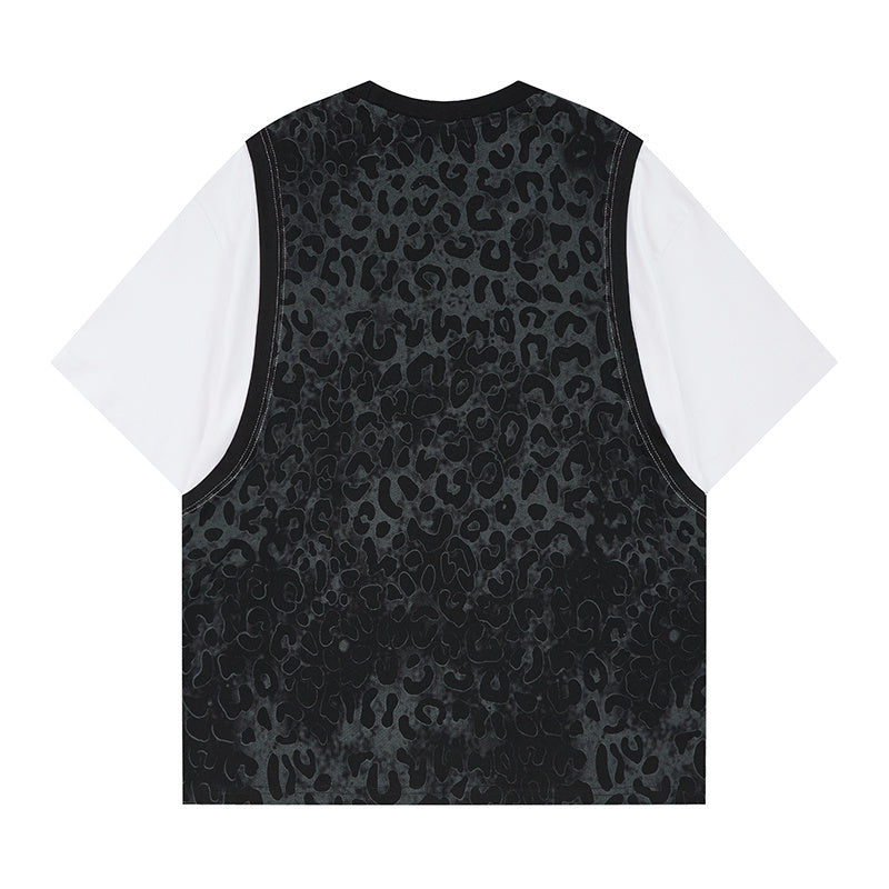 Black leopard mesh graphic T-shirt with white short sleeves and sleeveless varsity-style layered back panel