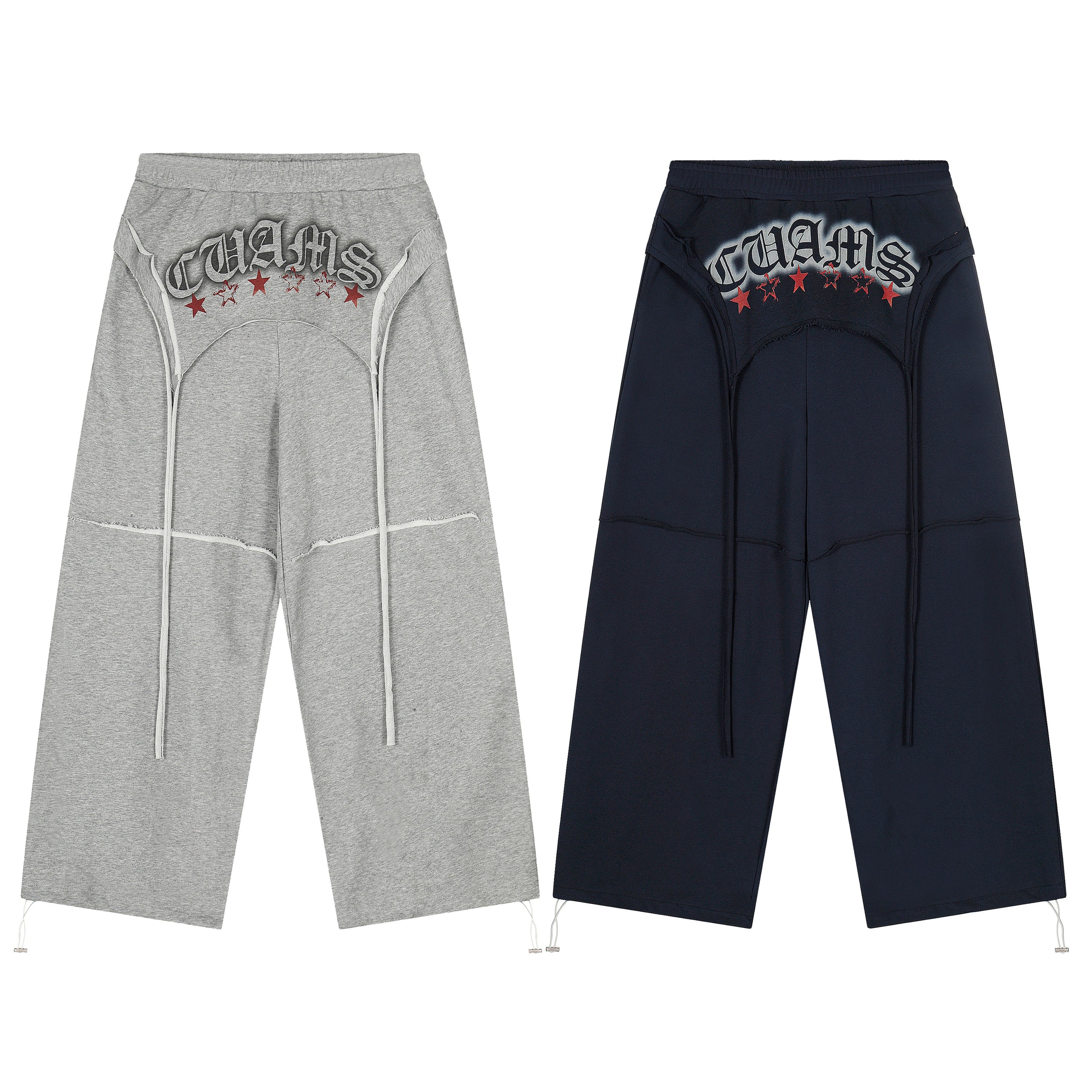CUAMS grey and navy wide-leg sweatpants with embroidered lettering, red stars, and white multi-drawstring front detailing