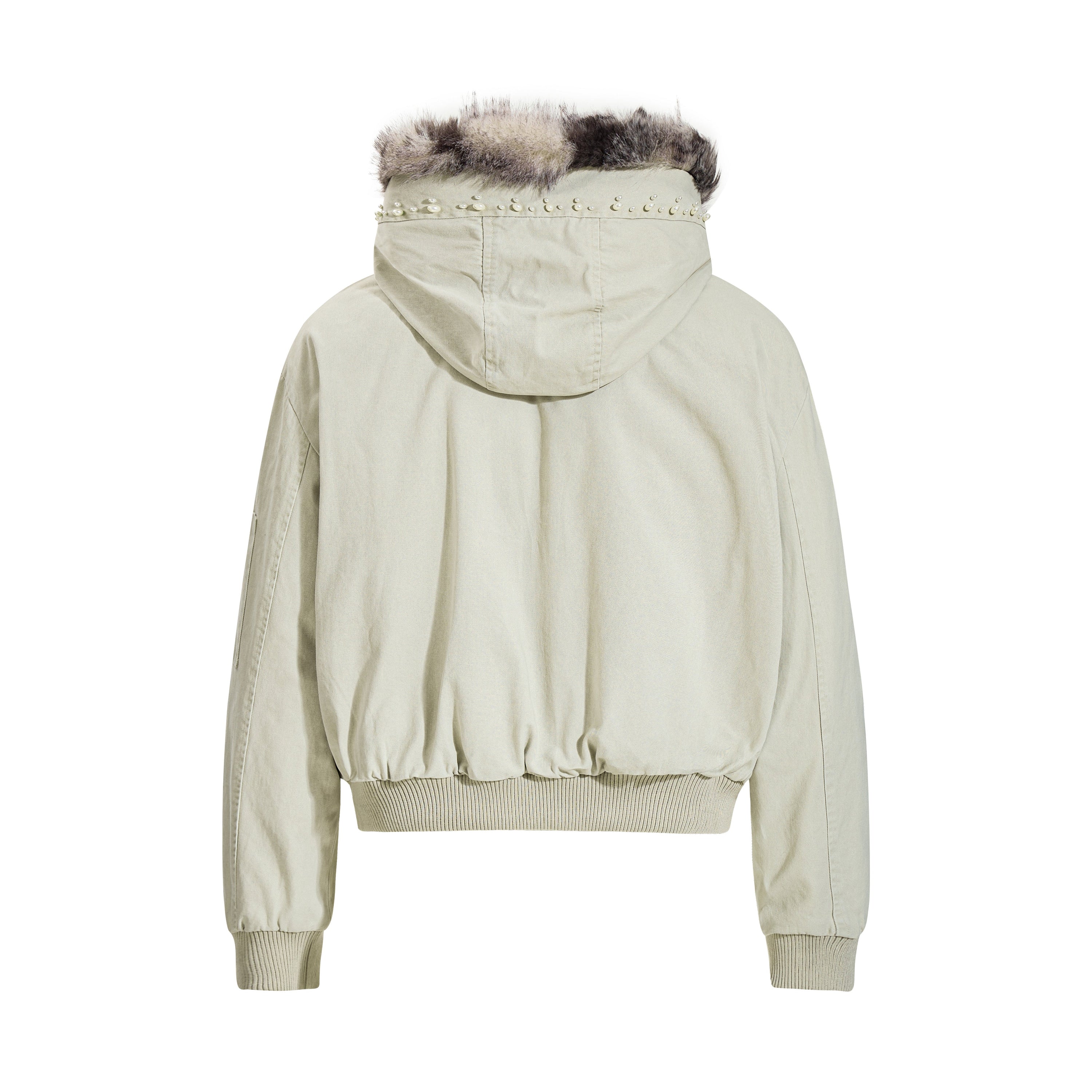 Studded Faux Fur-Trim Hooded Bomber Jacket | Washed Cotton