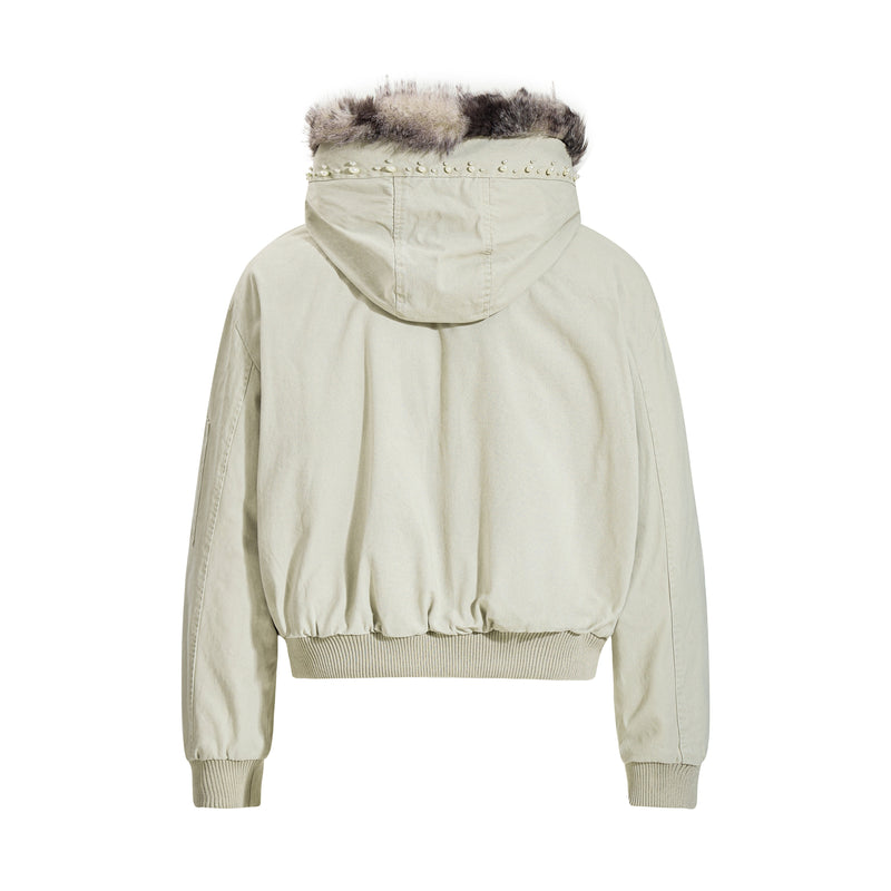 Studded Faux Fur-Trim Hooded Bomber Jacket | Washed Cotton