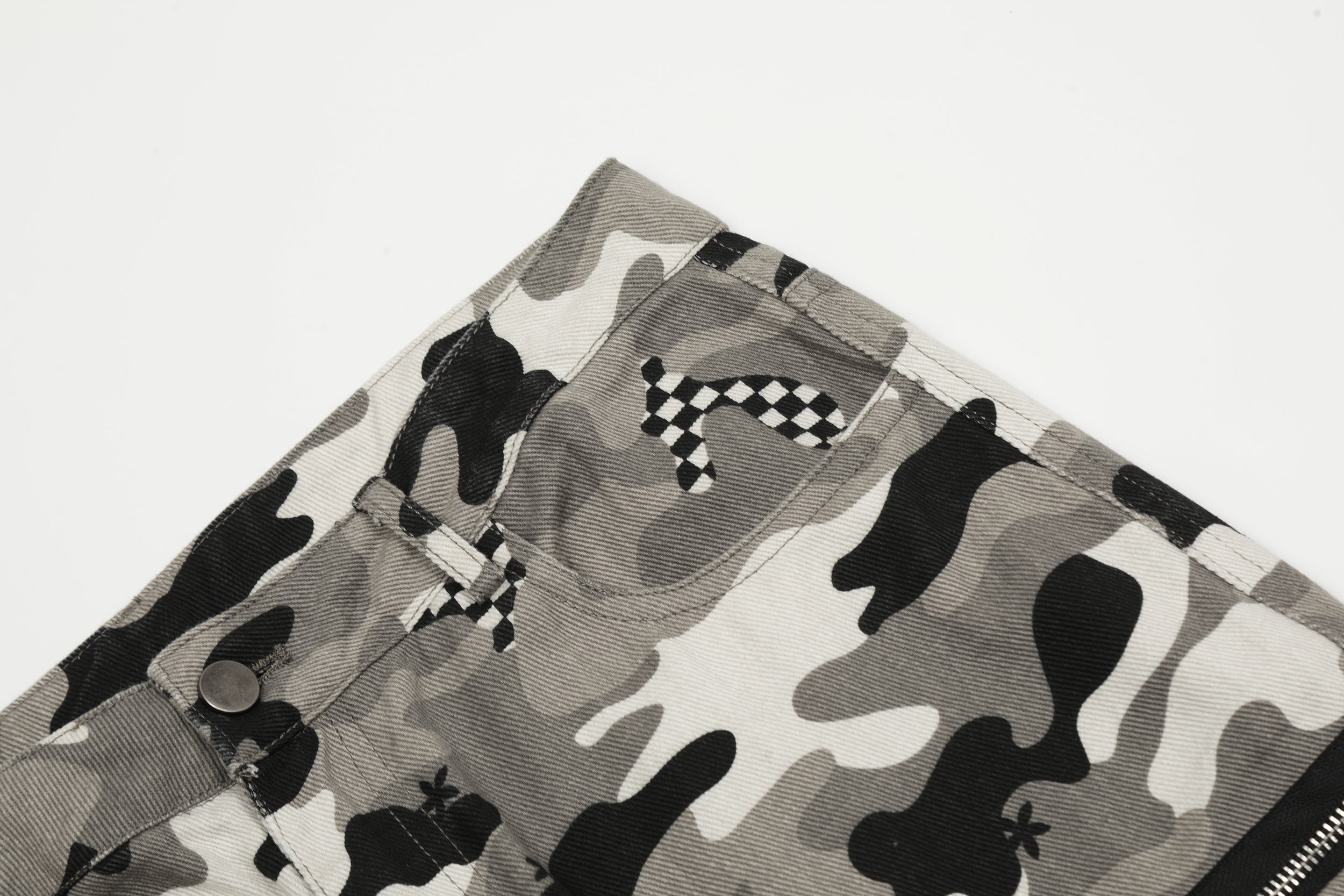 Grey Camo Cargo Pants with Checkerboard Patches | SEAKOFF