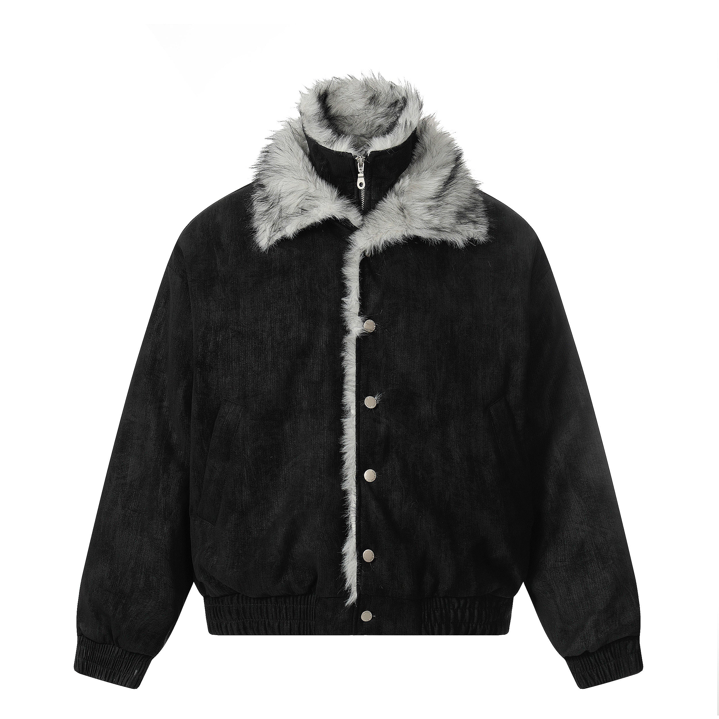 Black washed polyester bomber jacket with grey faux fur collar and inner trim, silver snap button front closure