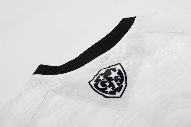 White performance mesh soccer jersey with black collar trim and GLFSBRAND crest logo on the chest