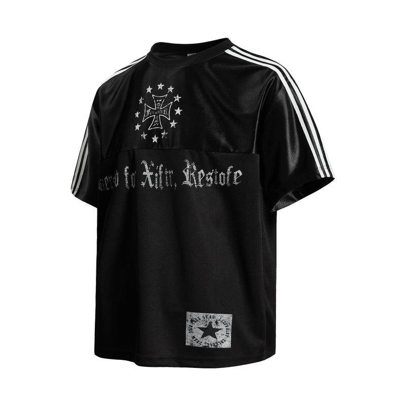 Black mesh sport tee with white shoulder stripes, gothic chest graphics, and relaxed streetwear fit